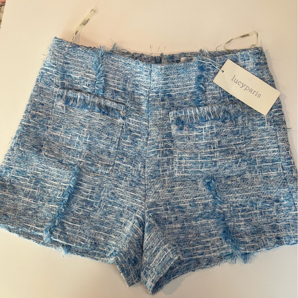 Lucy Paris NWT Blue Tweed Fringe Shorts Medium Boucle Preppy Chic